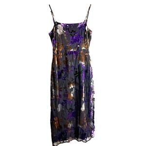 NWOT 90s inspired Taylor black Purple Floral Velvet Midi Dress Sleeveless 8